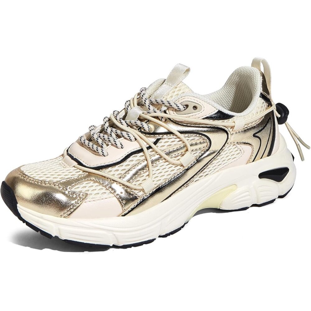 Lucky Step Women's Gold Beige Walking Shoes Running Platform Mesh Casual